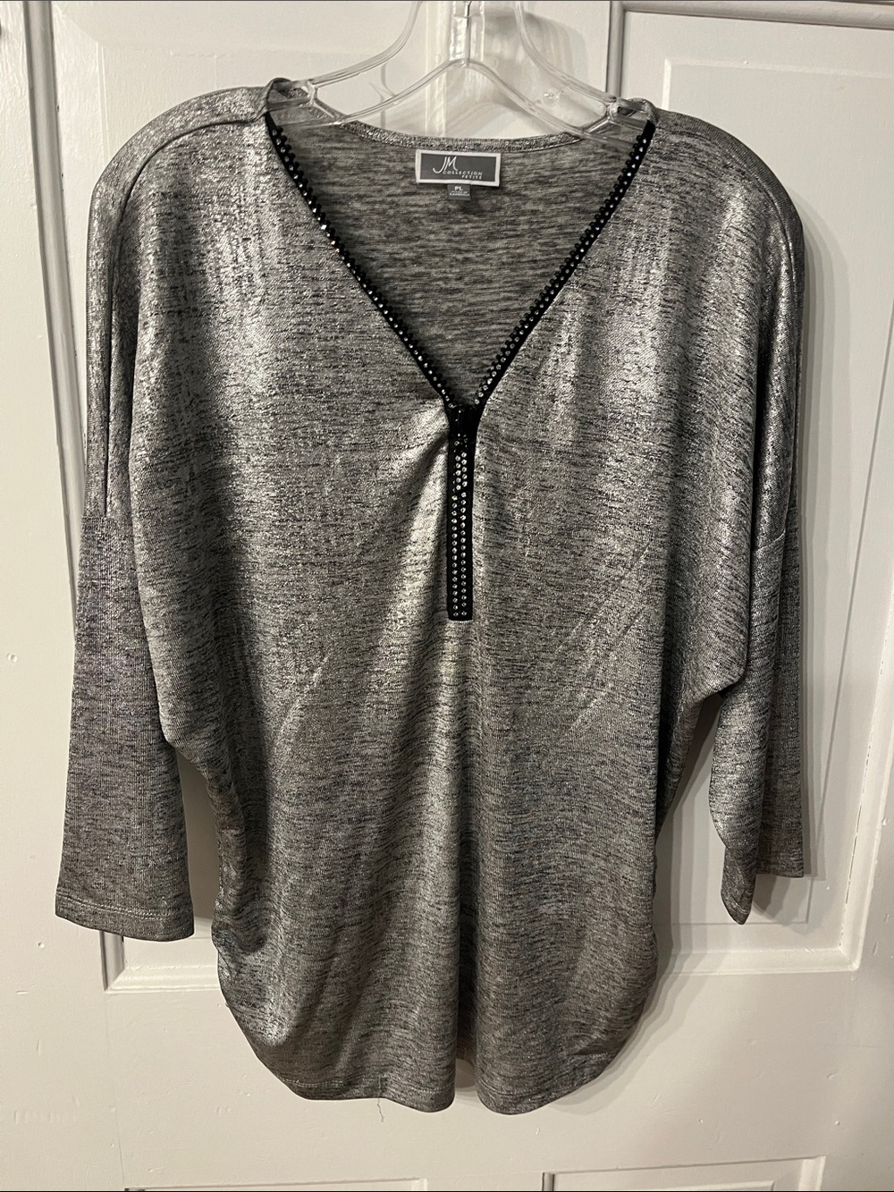 JM Collection Petite Large Silver Knit Top Rhinestone Zipper Accent V Neckline